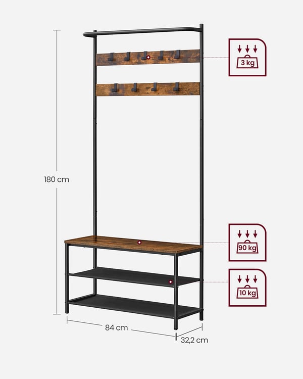 Klesstativ med skohylle, 32.2x84x180 cm, Brun Svart