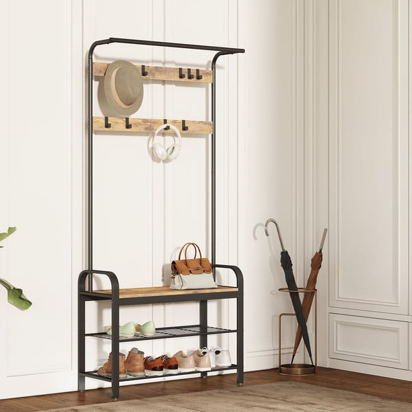 Garderobestativ med skohylde og bænk, 33,7x84x183 cm, brun og sort
