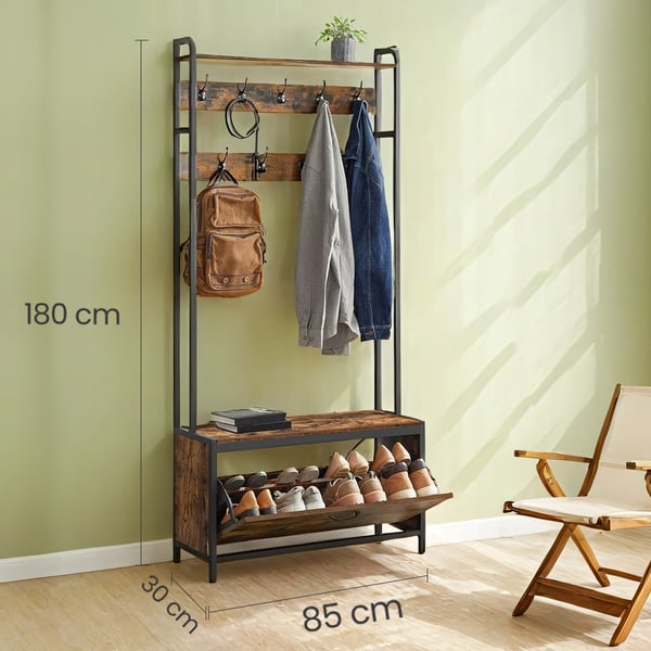 Garderobestativ med skoskap og benk, 30x85x180 cm, Brun