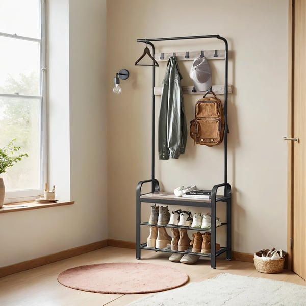 Klesstativ med skobenk, 33,7x72x183 cm, Greige