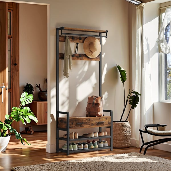 Klesstativ med skobenk, 30x80,4x181,6 cm, Brun