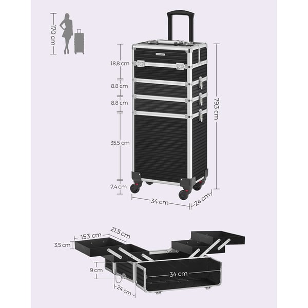 Makeupkuffert med hjul, 34x24x79,3 cm, sort