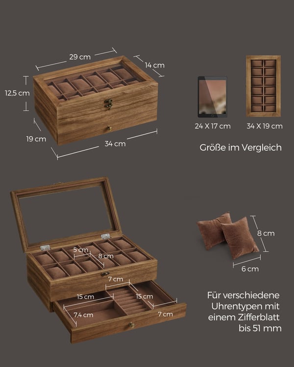Urværk, Massivt Træ, Glaslåg, Valnød