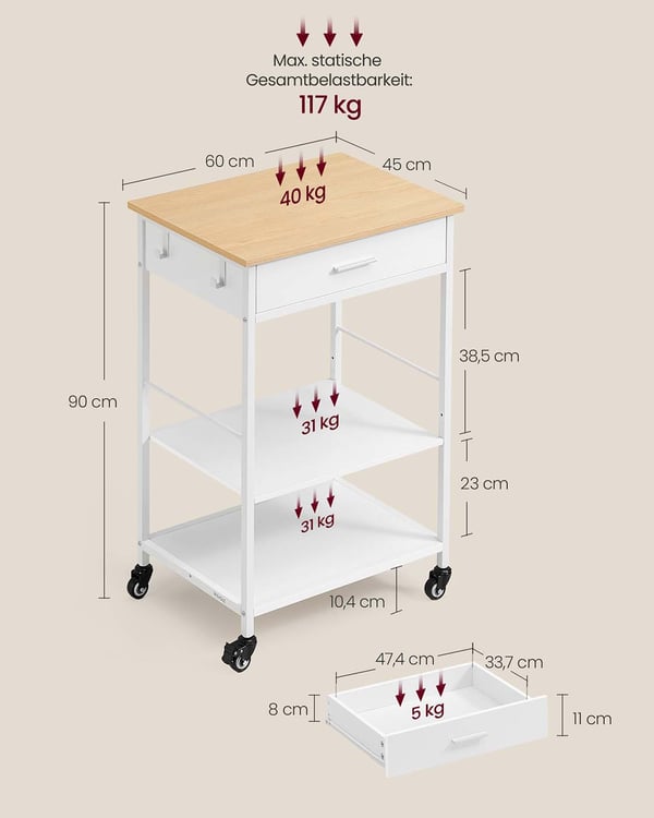 Køkkenvogn, 47x60x90 cm, Beige