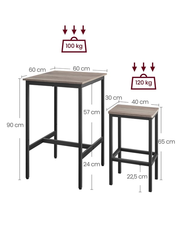 Spisebord med 2 barkrakker, 60x60x90 cm, 30x40x65 cm, brun svart