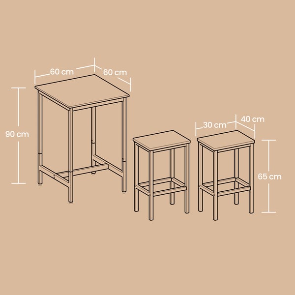 Bordbar med 2 barkrakker, 60x60x90 cm, 30x40x65 cm, greige