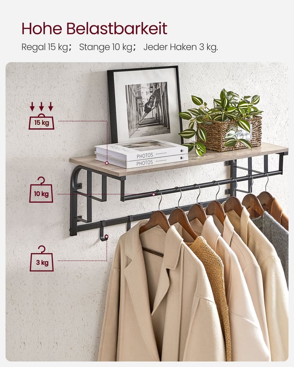 Veggmontert knaggrekke med hylle, 30x66x27 cm, greige