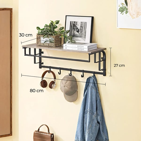 Veggmontert knaggrekke med hylle, 30x66x27 cm, greige