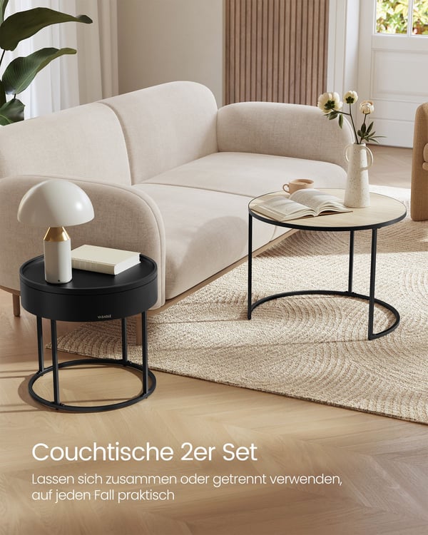 Rundt sofabordsett, 60x60x45 cm og 44x44x42 cm, beige og svart