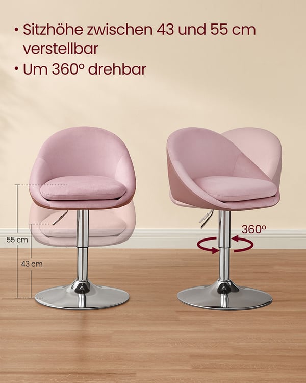 Justerbar Stol, Sammet, 52,5x50x81,5-93,5 cm, Rosa