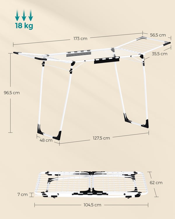 Vaatekuivatusrekki, 56,5x173x96,5 cm, Valkoinen