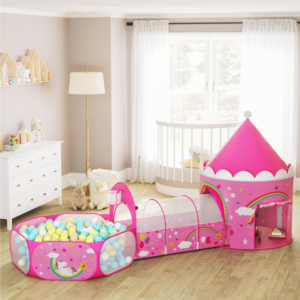 Leketelt, 3-i-1 med tunnel, ballbinge, basketballkurv, 115x110x36 cm, rosa
