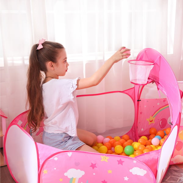 Leketelt, 3-i-1 med tunnel, ballbinge, basketballkurv, 115x110x36 cm, rosa