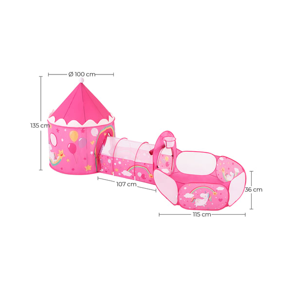 Leketelt, 3-i-1 med tunnel, ballbinge, basketballkurv, 115x110x36 cm, rosa
