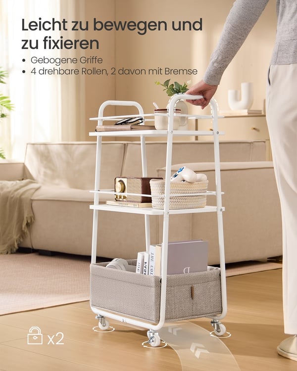 Serveringsvogn, 43x30x81 cm, hvid-brun, stofopbevaring