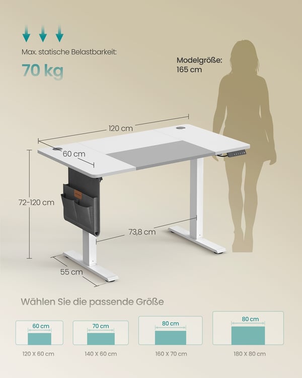 Elektrisk Højdejusterbart Skrivebord, 120x60x72-120 cm, Hvid