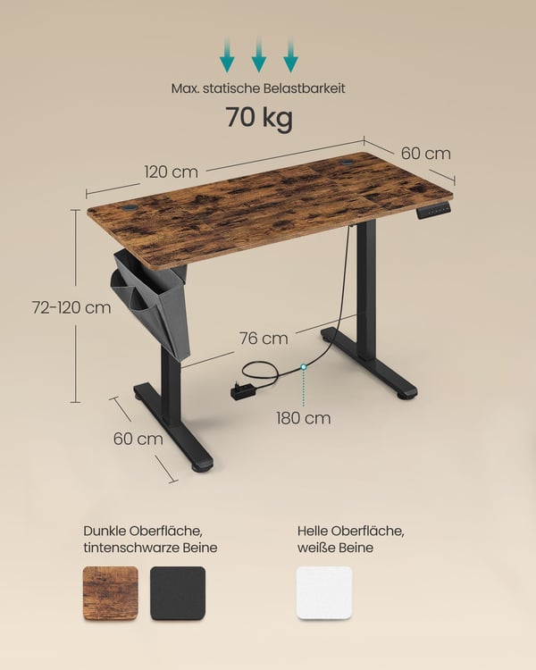 Justerbart skrivbord, 60x120x72-120 cm, brunt