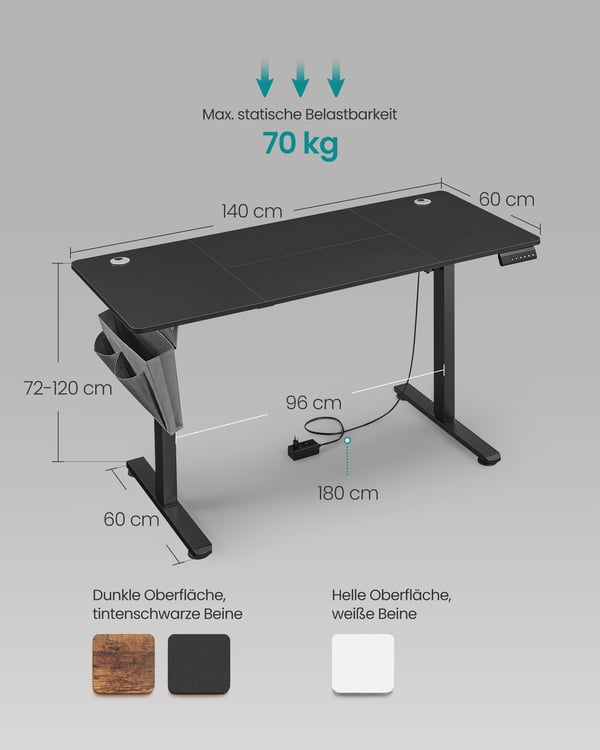Elektriskt höj- och sänkbart skrivbord, 60x120x72-120 cm, svart