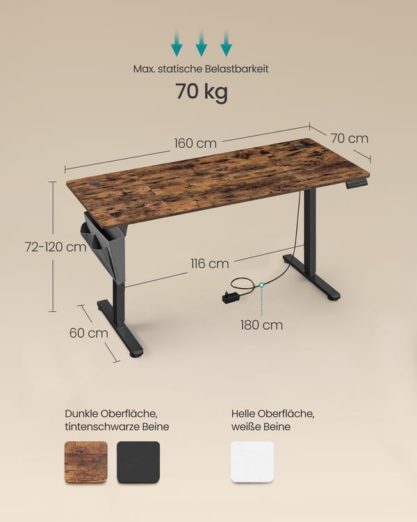 Säädettävä sähköpöytä, 60x120x72-120 cm, vintage ruskea