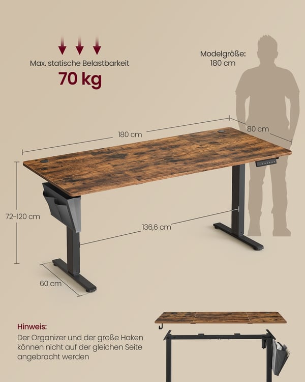 Säädettävä työpöytä, 180x80x72-120 cm, Ruskea
