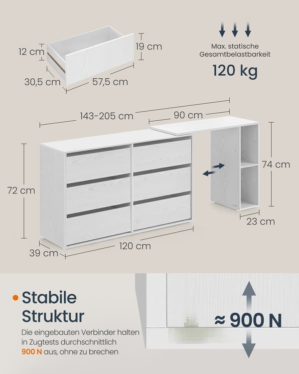 Kommode med Hylde, 39x120x72 cm, 39x90x74 cm, Hvid
