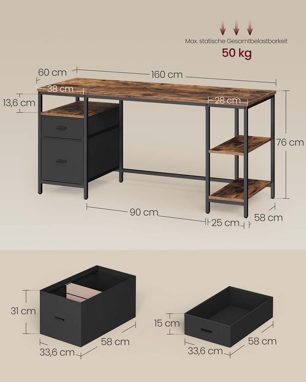 Skrivebord, 60x160x76 cm, Brun