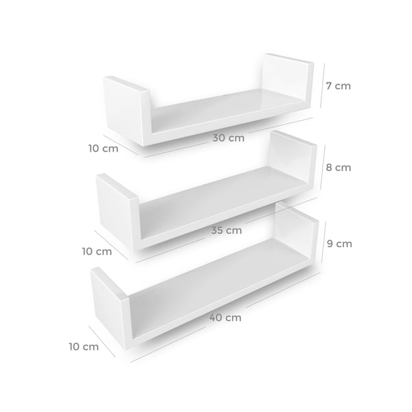 Vägghylla, 30x10x7 cm 35x10x8 cm 40x10x9 cm, Vit