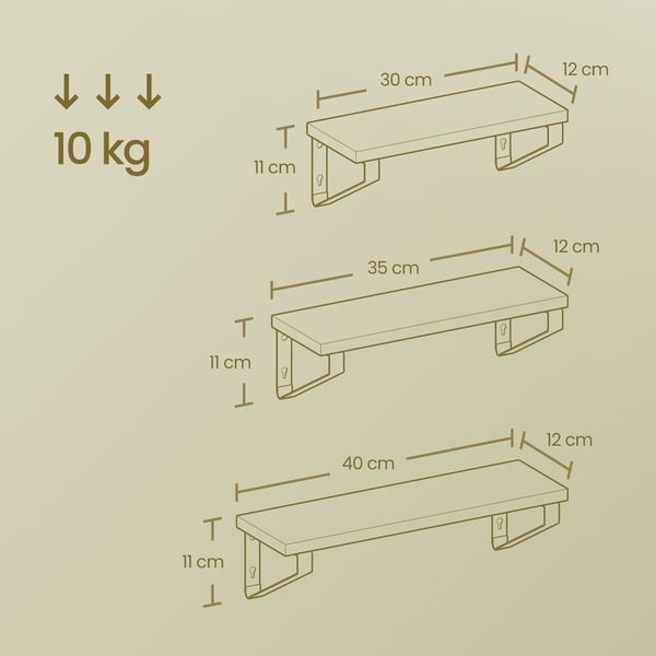 Vegghylle Sett, 3 Deler, 12x30x11 cm, 12x35x11 cm, 12x40x11 cm, Eikefarge