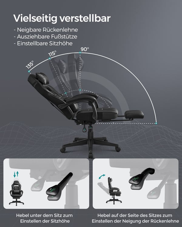 Gamingstol, Ergonomisk, Justerbar, 90-135° Hellning, Svart Rød