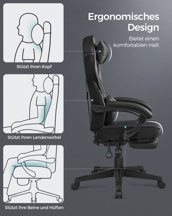 Gamingstol, Ergonomisk, Justerbar, 90-135° Hellning, Svart Rød