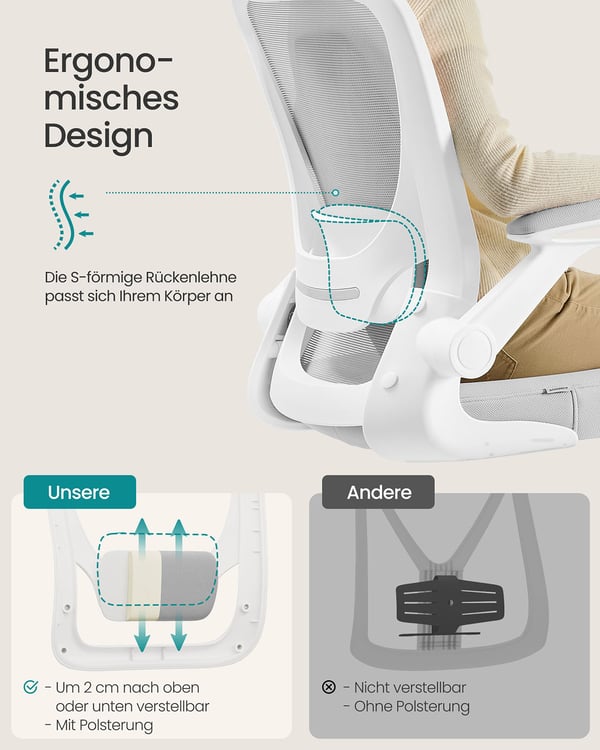 Kontorstol, nett, ergonomisk, polstret korsryggstøtte, 53 cm sete, sammenleggbare armlener