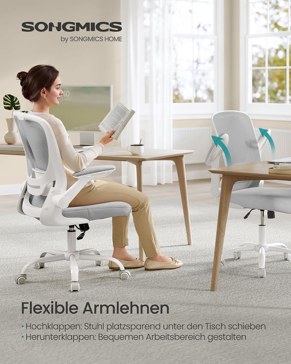 Kontorstol, nett, ergonomisk, polstret korsryggstøtte, 53 cm sete, sammenleggbare armlener