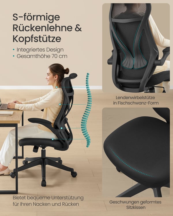 Kontorstol, Ergonomisk ryggstøtte, Høydejusterbar, Sammenleggbare armlener, Svingbar med nakkestøtte, Svart