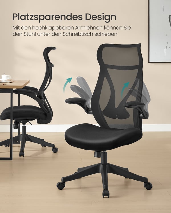 Kontorstol, Ergonomisk ryggstøtte, Høydejusterbar, Sammenleggbare armlener, Svingbar med nakkestøtte, Svart