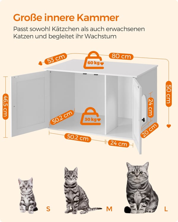 Kattetoilet, 80x53x50 cm, Hvid