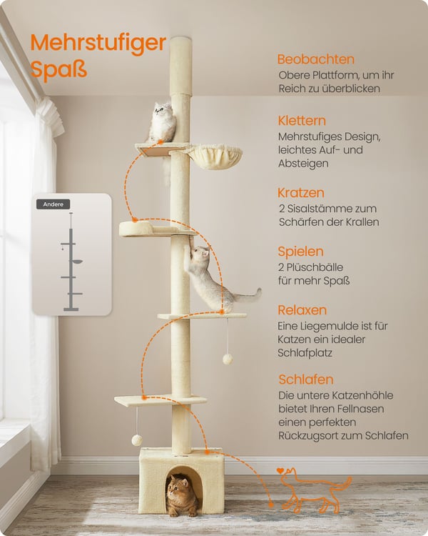Kattetre, 45x30x231-291 cm, Beige