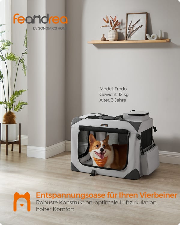 Hundekurv, foldbar, 70x52x52 cm, grå