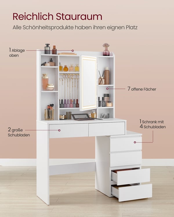 Garderobebord med LED-belysning, 40x97,5x145 cm, hvid