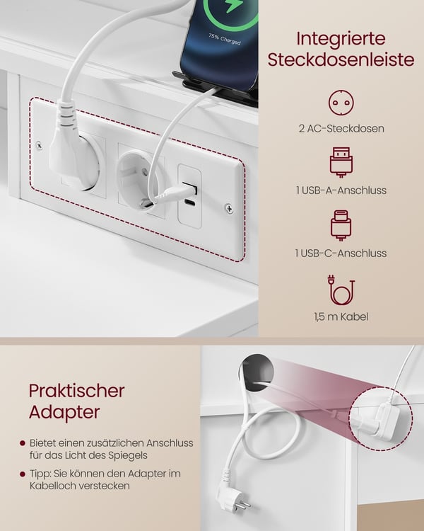 Sminkbord med spegel och LED-lampor, 40x110x141,5 cm, vit