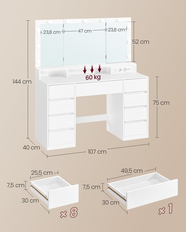 Toiletbord, 40x107x144 cm, Hvid