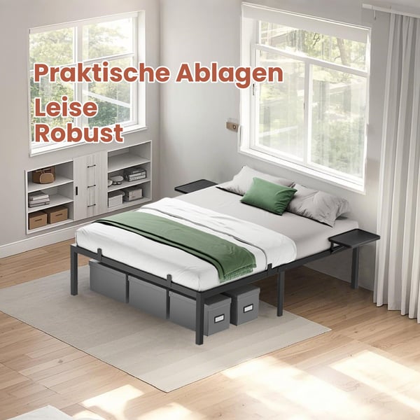 Sengeramme, Dobbeltseng i metall med oppbevaringshyller, 200x160x41,3 cm, Svart Sengeramme, Dobbeltseng i metall med oppbevaringshyller, 200x160x41,3 cm, Svart