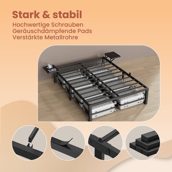 Sengeramme, Dobbeltseng i metall med oppbevaringshyller, 200x160x41,3 cm, Svart