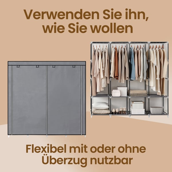 Tøygarderobe, 45x170x167 cm, Grå