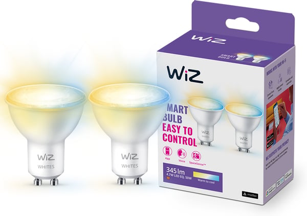 WiZ smartlampa, GU10, vita ljusnyanser, Wi-Fi, 2700-6500 K, 345 lm, 2-pack