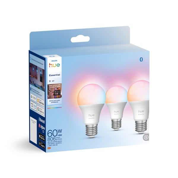 Philips Hue Essential smartlampa, White and color ambiance, E27, 806 lm, 3-pack