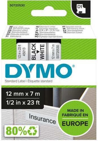 Dymo D1-tejp 12 mm x 7 m, svart med vit botten