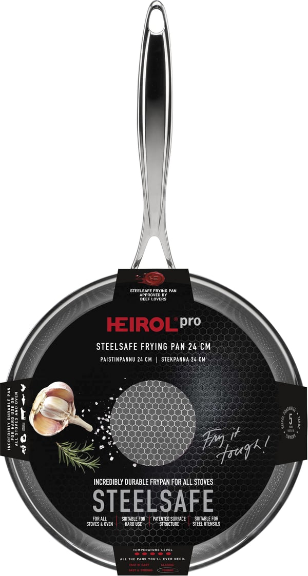 Heirol Pro Steelsafe -stegepande, rustfrit stål + non-stick belægning, 24 cm