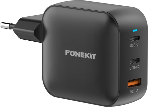 FoneKit GaN PD 100W -nätadapter, USB-C + USB-C + USB-A, svart