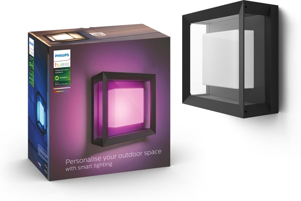 Philips Hue Econic Outdoor-smartvägg-/taklampa, svart, platt, fyrkantig, 26 cm, 1150 lm