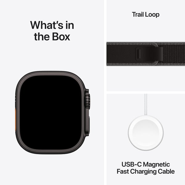 Apple Watch Ultra 3 (GPS + Cellular) 49 mm svart titanboett och svart Trail-armband, M/L